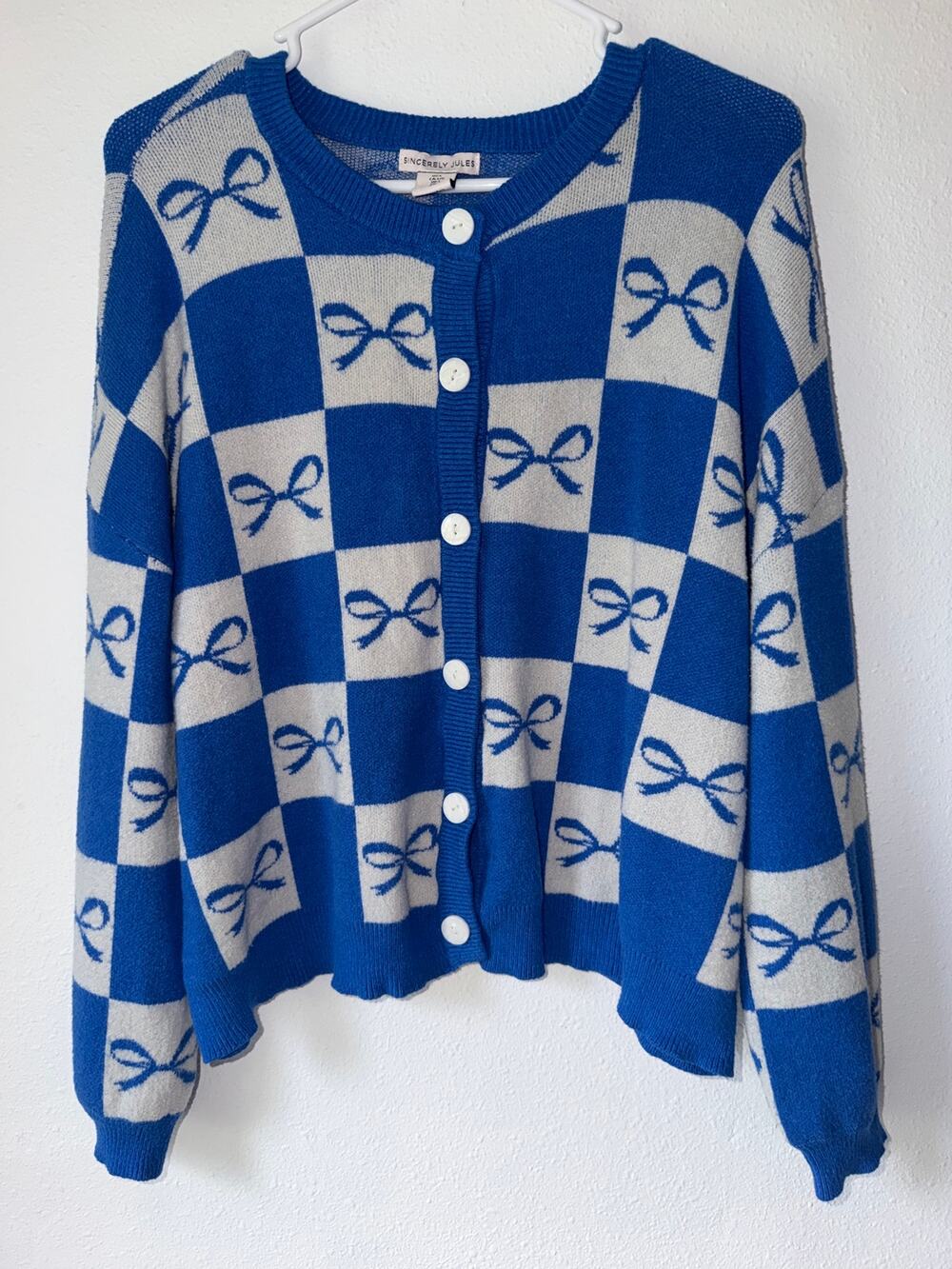 Blue Gray Checkered Colorblock Bow Print Button Down Cardigan Sweater Size Large